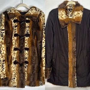 Dennis Basso REVERSIBLE Leopard Woodland‎ Faux Fur Quiet Luxury Mob Wife Coat M